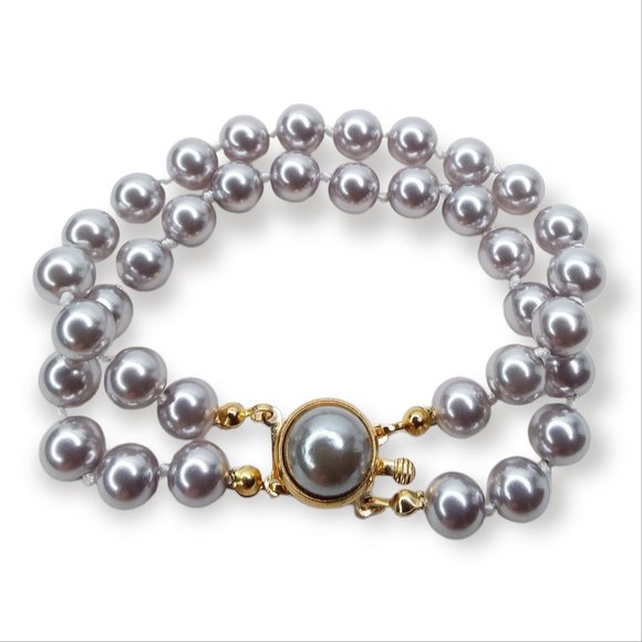Vtg Faux Silver Pearl Double Strand Bracelet 7.5in 8mm Pearls Gold Tone Clasp - Picture 1 of 9